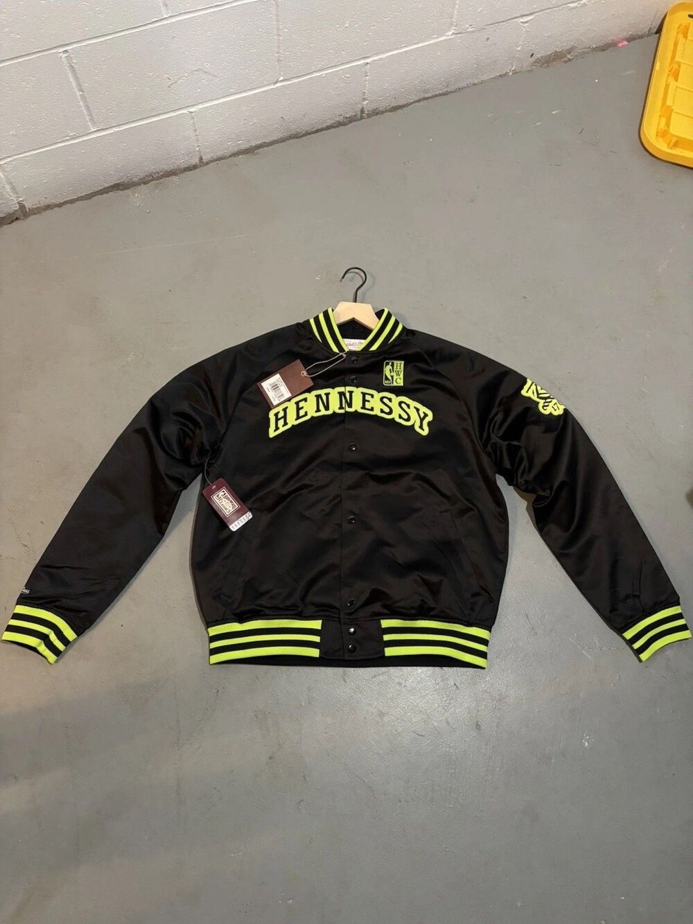 Mitchell & Ness Hennessy NBA Varsity Bomber Jacket Black Neon Mens Large W Shirt